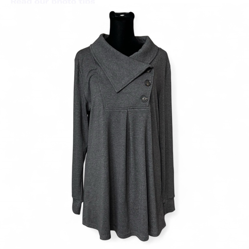 TIMESON Gray Long Sleeve Button-Lapel PullOver Tunic Cowl Neck Swing Swetshirt L